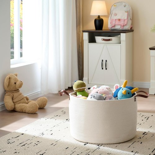 Luxury Nursery Storage Basket - 100% Cotton Rope, Extra Large 22 x 22 x 14 Inches | Off White with Leather Handles for Toys, Blankets & More