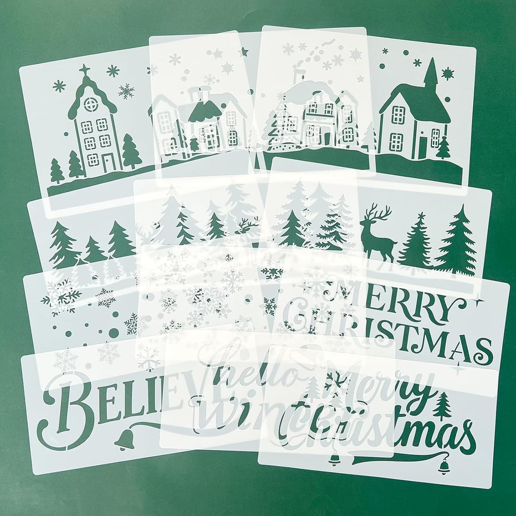 Regine Switzerland Large Christmas Stencils - 12 Pcs Winter House, Snowflake & Pine Tree Designs for Painting on Wood, Glass & Door Mats