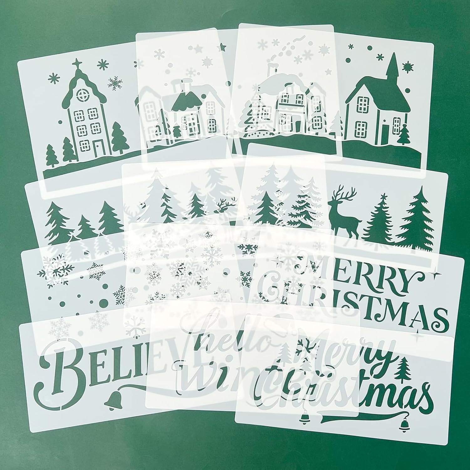 Regine Switzerland Large Christmas Stencils - 12 Pcs Winter House, Snowflake & Pine Tree Designs for Painting on Wood, Glass & Door Mats