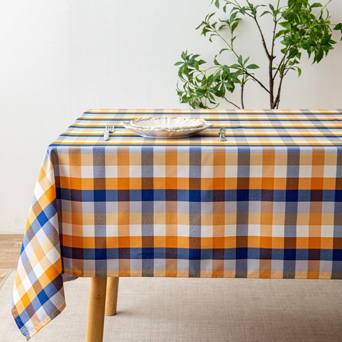 LOSIVISHE Fall Plaid Waterproof Tablecloth – Orange, Blue & White Check Pattern – Thanksgiving Harvest Table Cover, Stain-Resistant & Durable, W60 x L144 in