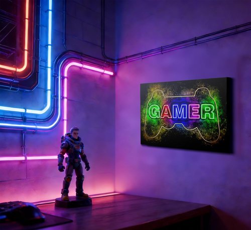 Cool Gaming Canvas Wall Art - Colorful Neon Gamepad Poster for Teen Boys' Room | 12 x 16 Inch