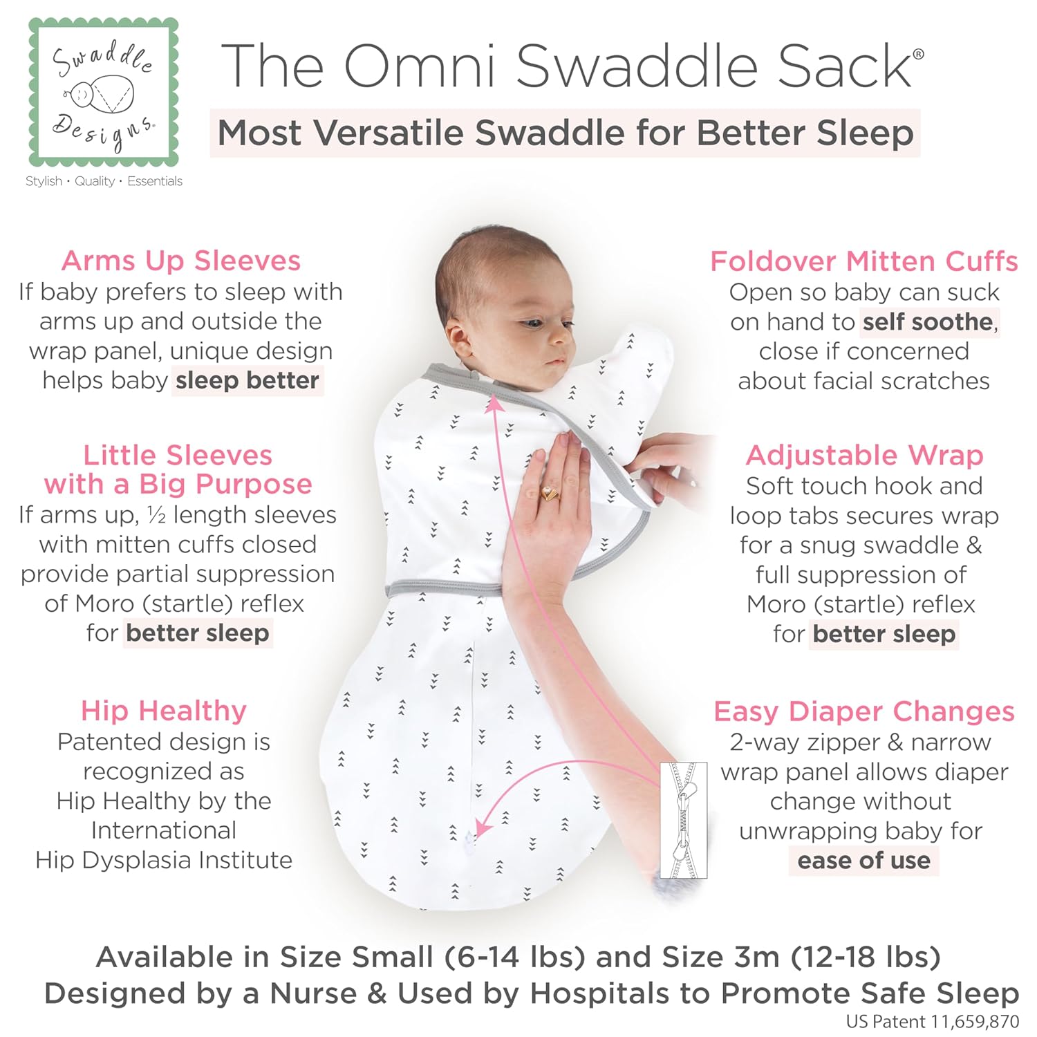 SwaddleDesigns 6-Way Omni Swaddle Sack - Arms Up Design for Newborns, Calms Startle Reflex, 12-18 lbs, Tiny Arrows Black