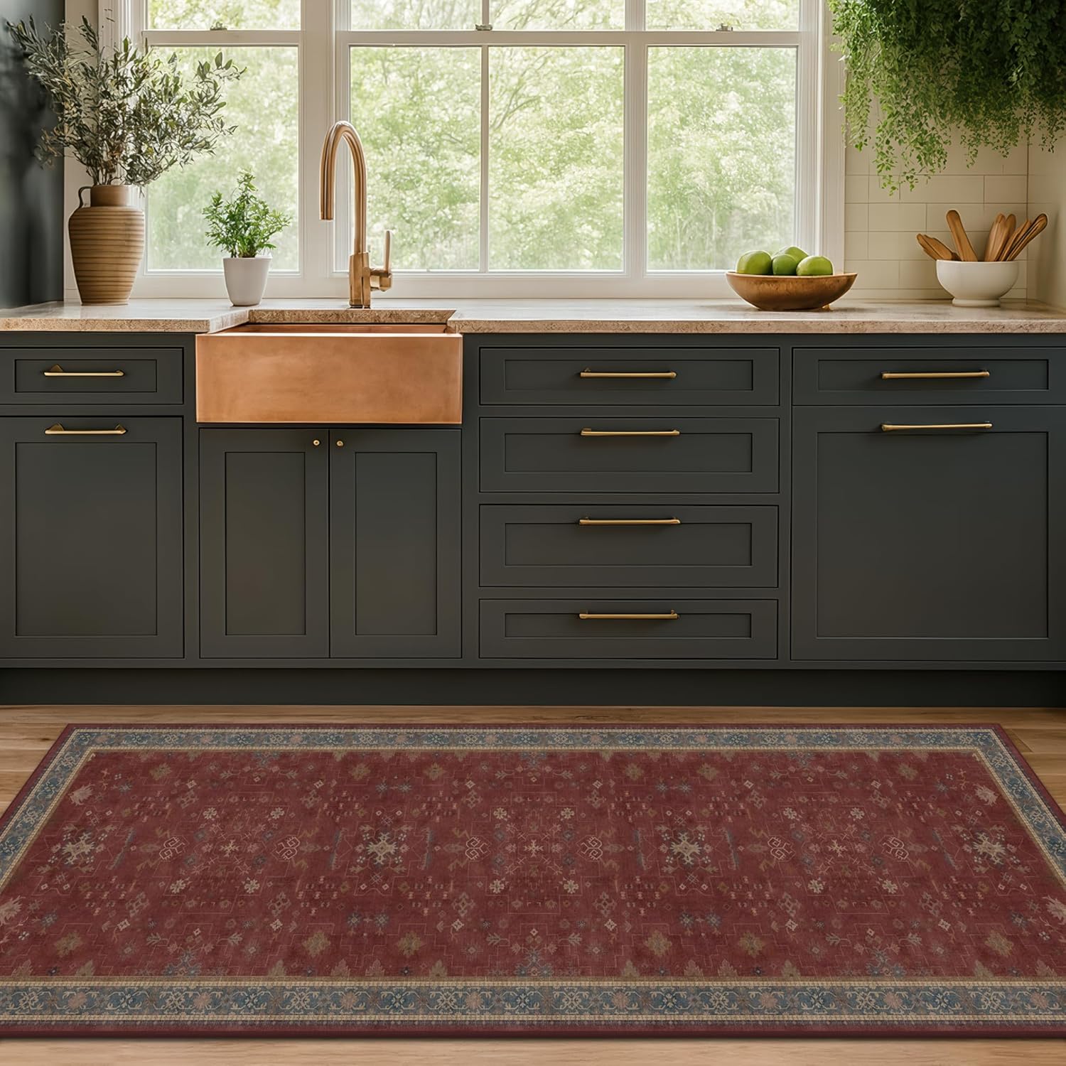 Turkish Kitchen Runner Rugs - Non-Skid Washable Design for Hallway, Bedroom & Bathroom | Dark Red