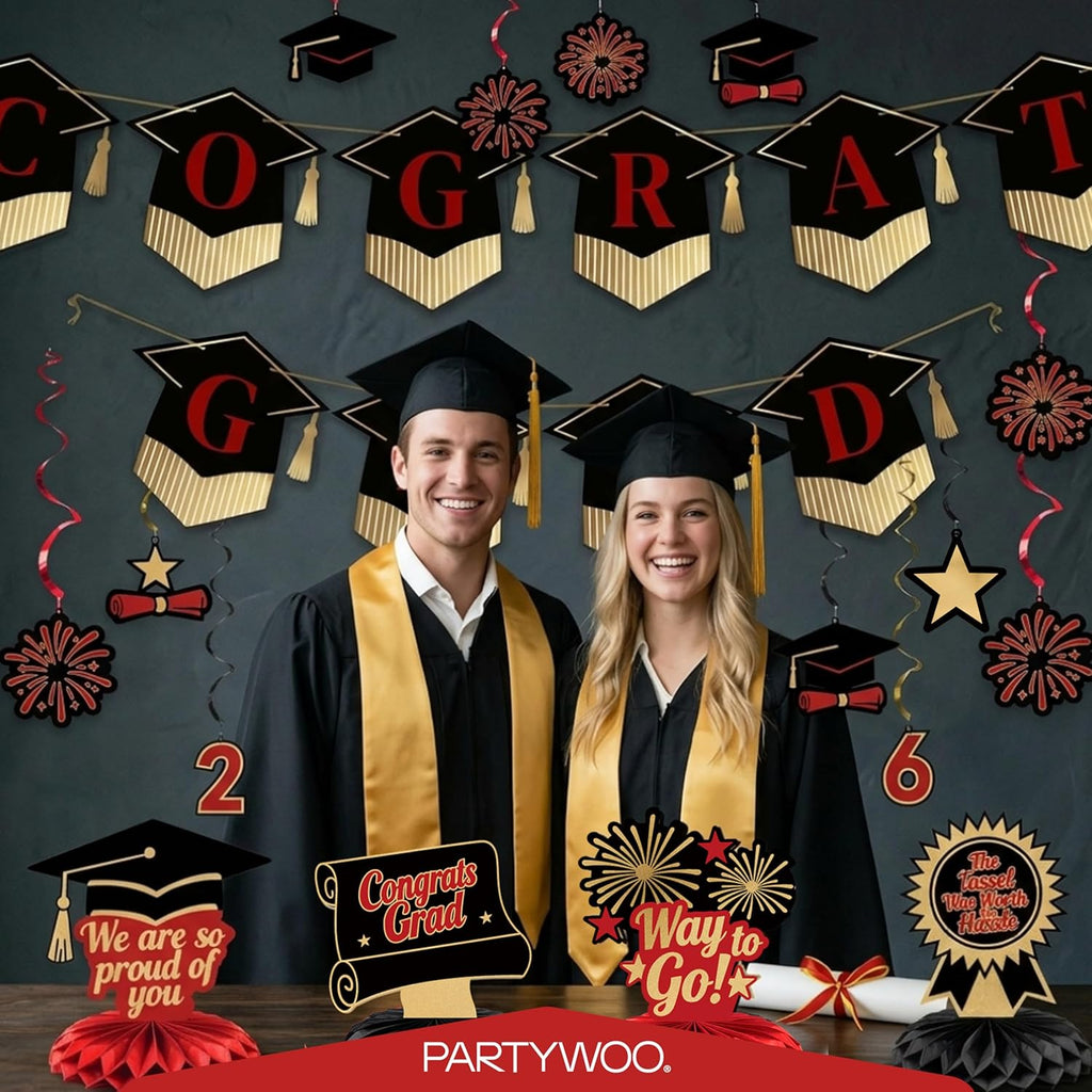 PartyWoo Graduation Banner - Class of 2026 Black and Red Decorations | 2-Piece Hanging Congrats Grad Supplies