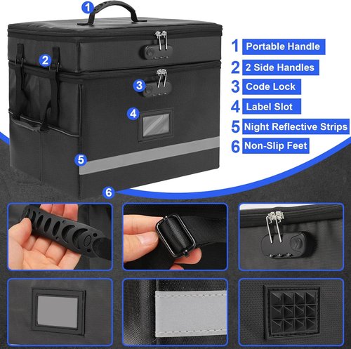 EXLIFBAG Fireproof Document Organizer Box - Portable 2-Layer File Storage with Lock & Handle