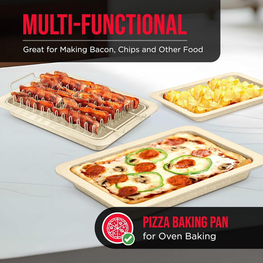 Skiennix Bacon Tray Set - Durable Non-Stick Cooking Tray with Marble Coating - White Stone & Carbon Steel