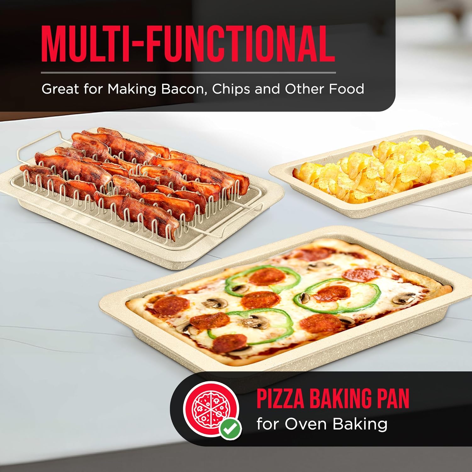 Skiennix Bacon Tray Set - Durable Non-Stick Cooking Tray with Marble Coating - White Stone & Carbon Steel