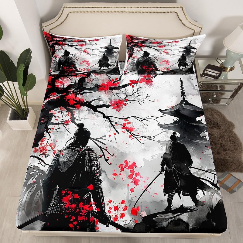 Feelyou Japanese Samurai Sheet Set King Size Kids Japanese Ukiyoe Sheets with Deep Pocket Fitted Sheet for Boys Girls Teens Cherry Blossoms Home Decor Bed Sheets Set Japanese-Style Bedding Set