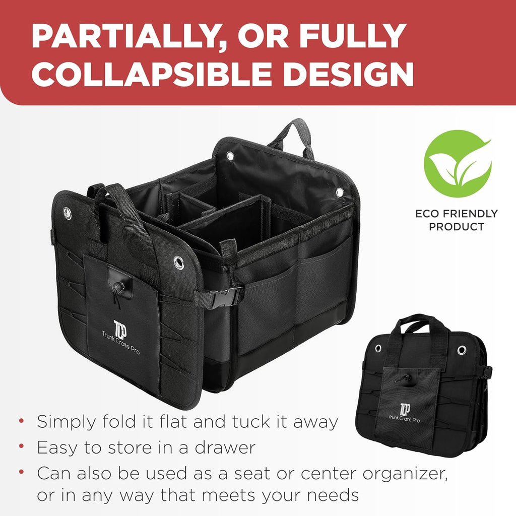TRUNKCRATEPRO Car Trunk Organizer - Premium Adjustable Multi-Compartment Design | Large Black with Non-Slip Bottom