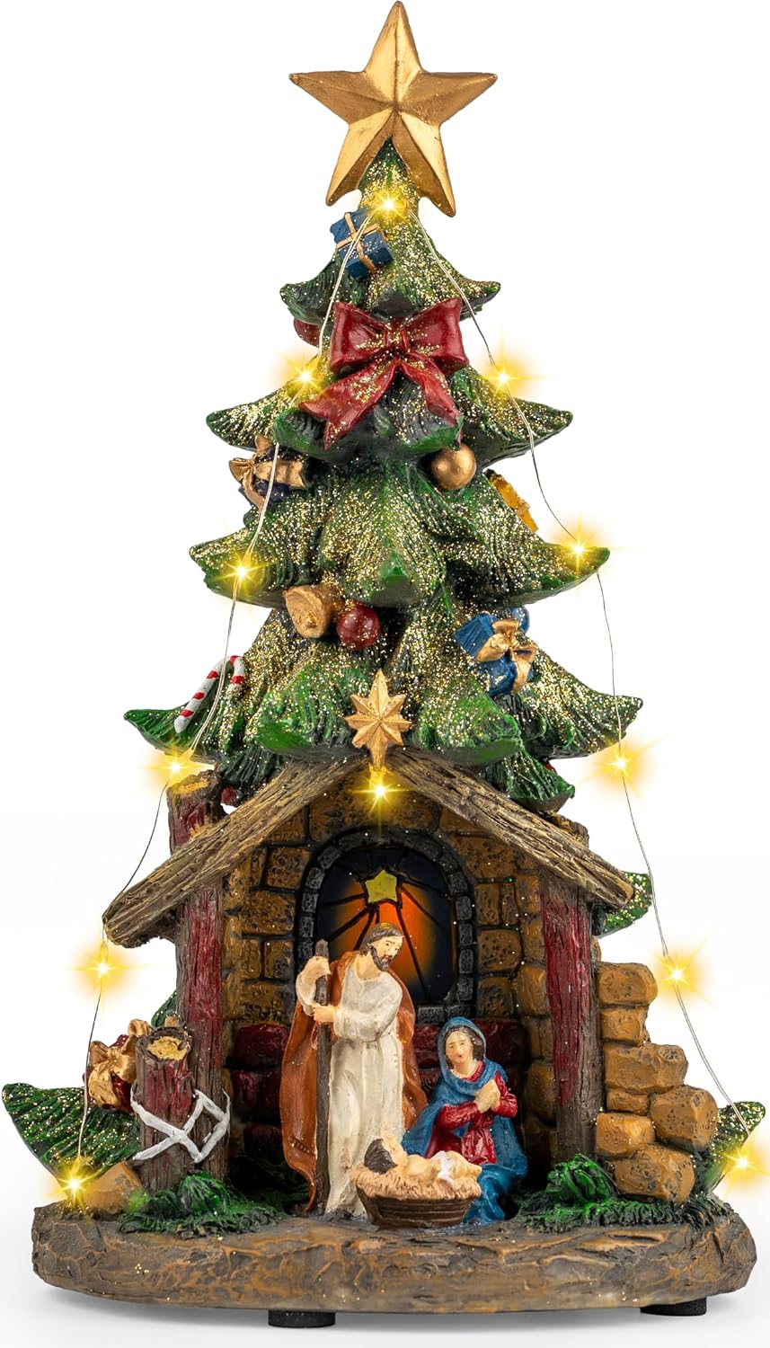 VISFLAIR 12'' Christmas Tree Nativity Scene - Lighted Musical Holy Family Figurines with LED & Silent Night Music