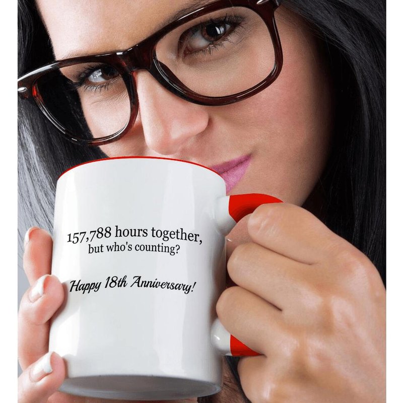 3dRose Happy 18th Anniversary - 157788 hours together 11oz Two-Tone Red Mug