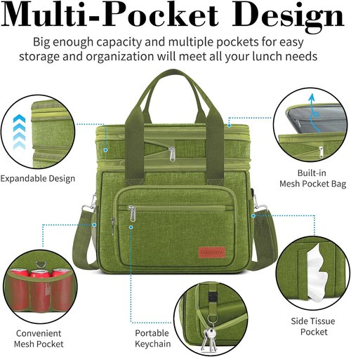 Coobiiya Insulated Lunch Bag Cooler - 23L Large Expandable Design | Leakproof & Heavy Duty with 4 Ice Packs & 10 Snack Bags for Camping, Travel, Beach