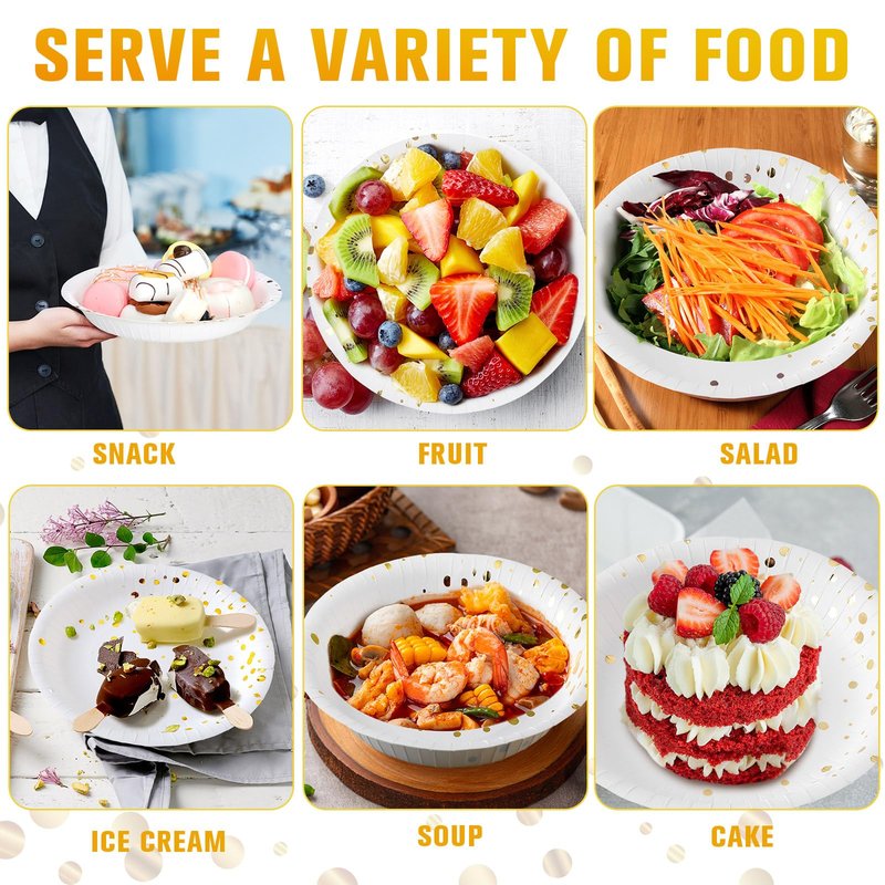 Yiyiring 60 Pack White and Gold Paper Bowls 7 Inch Disposable Gold Dot Paper Bowls for Party Birthday Supplies Round Snack Dessert Salad Disposable Tableware for Wedding, Engagement, Baby Shower