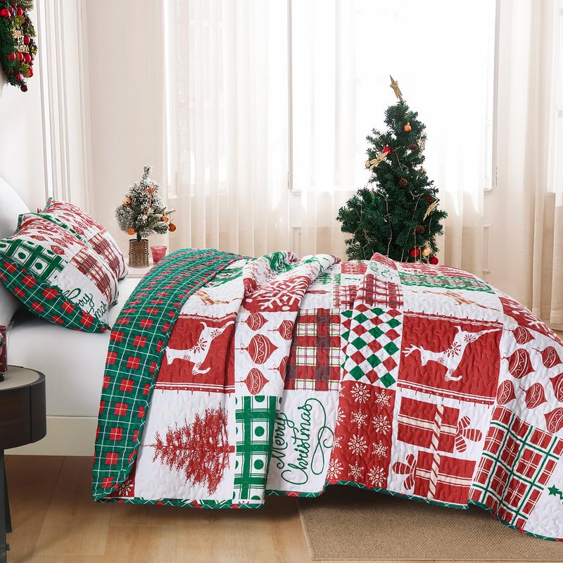 WONGS BEDDING Christmas Quilt Set Queen Size, Reversible Christmas 3-Piece Bedspread Set with Elk Snowflake Pattern, Soft and Lightweight Plaid Quilt Coverlet Bed Set for All Season(96"×90“)