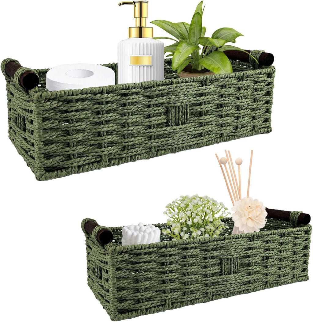 Skiennix Green Toilet Basket | Stylish Bathroom Organizer & Storage | 2-Piece Paper Rope Wicker Holder