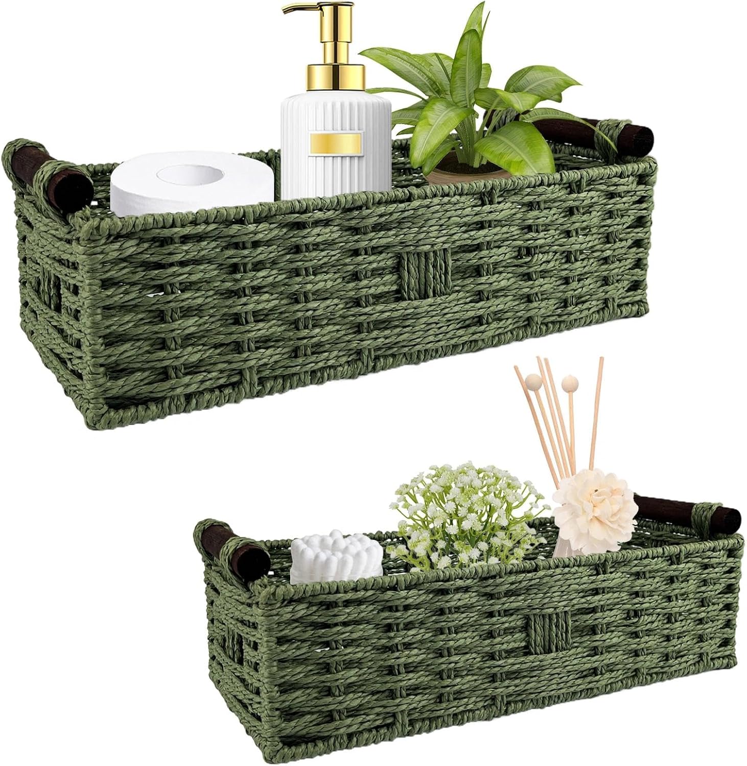 Skiennix Green Toilet Basket | Stylish Bathroom Organizer & Storage | 2-Piece Paper Rope Wicker Holder