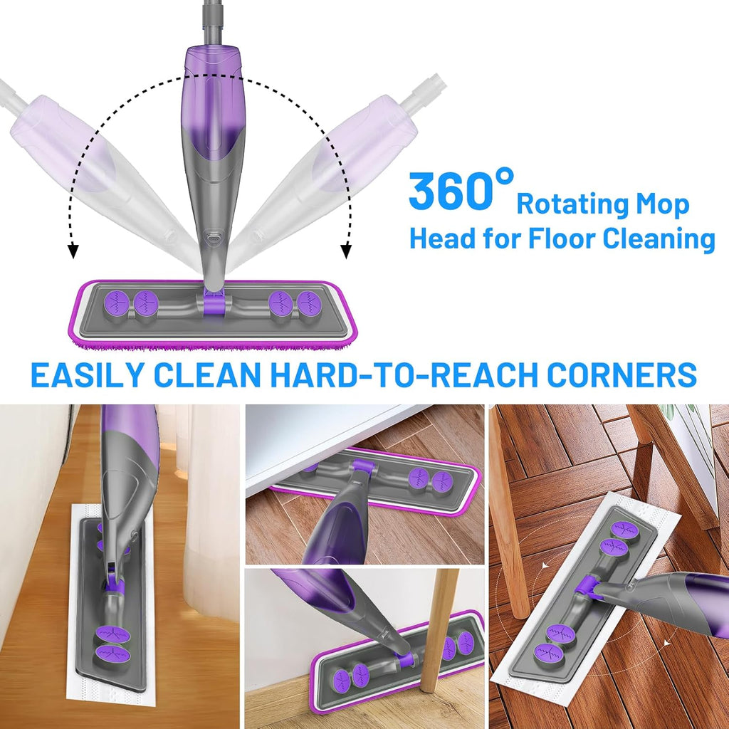 Skiennix Spray Mop for Floor Cleaning - Wet & Dry Mop with 2 Washable + 2 Disposable Pads | Refillable Bottle for Hardwood & Tile - Ideal for Pet Hair & Dust Removal
