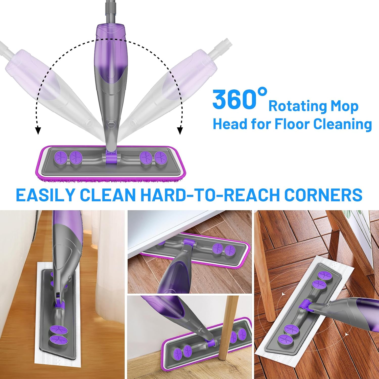 Skiennix Spray Mop for Floor Cleaning - Wet & Dry Mop with 2 Washable + 2 Disposable Pads | Refillable Bottle for Hardwood & Tile - Ideal for Pet Hair & Dust Removal
