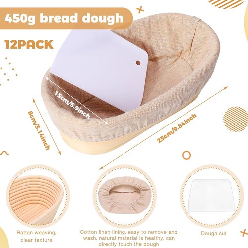 Gejoy 12 Set Bread Proofing Baskets - Oval Banneton Dough Bowls with Cloth Liner & Scraper | 10 Inch Sourdough Kit