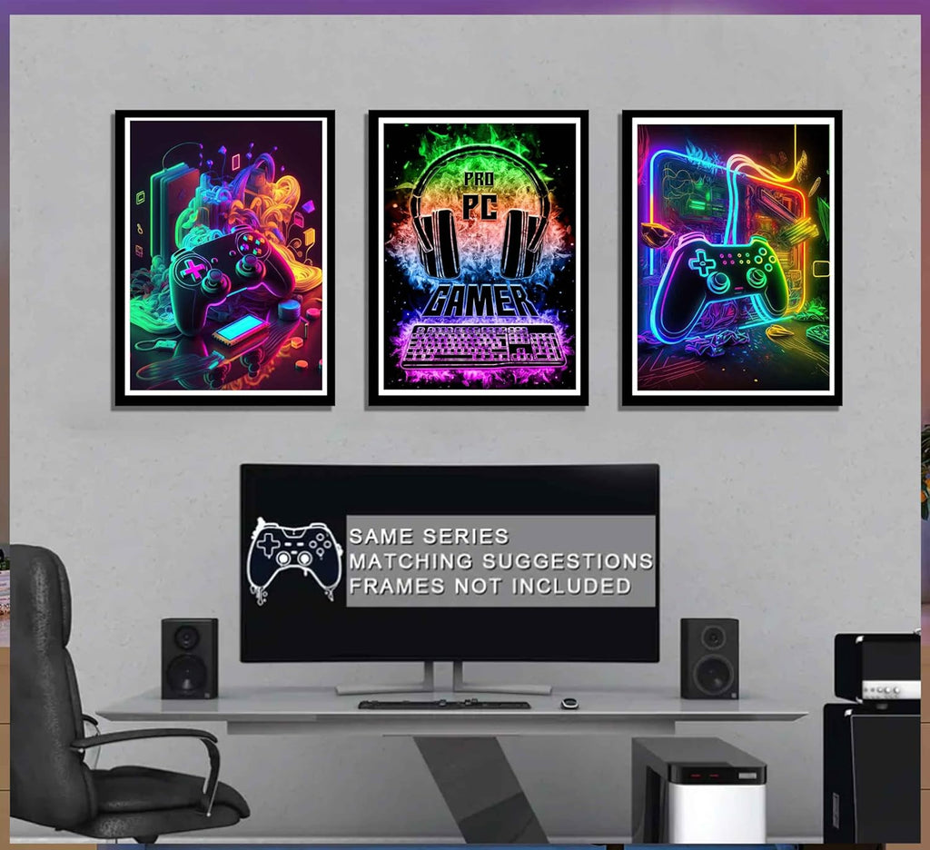 Skiennix Retro Video Gamer Wall Art - Colorful Neon Canvas Prints | 3-Piece Set for Boys' Room (16x24in)