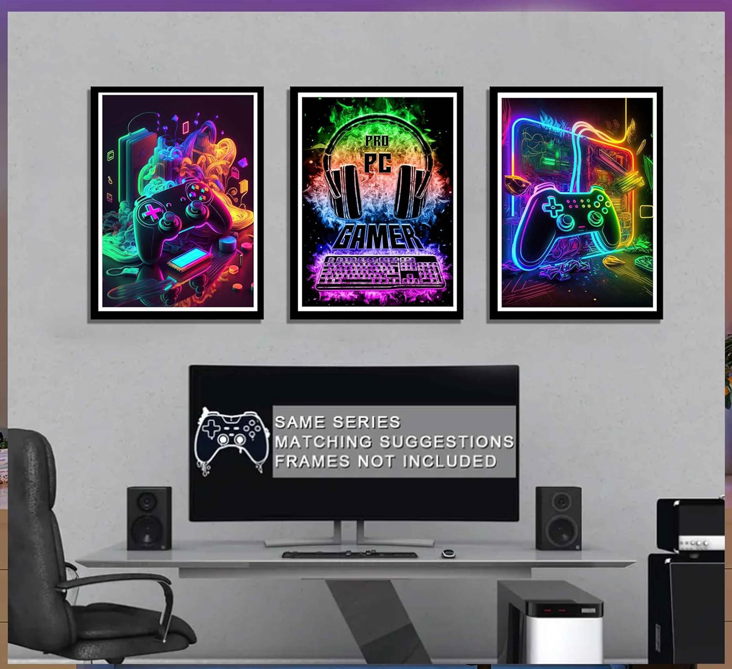 Skiennix Retro Video Gamer Wall Art - Colorful Neon Canvas Prints | 3-Piece Set for Boys' Room (16x24in)