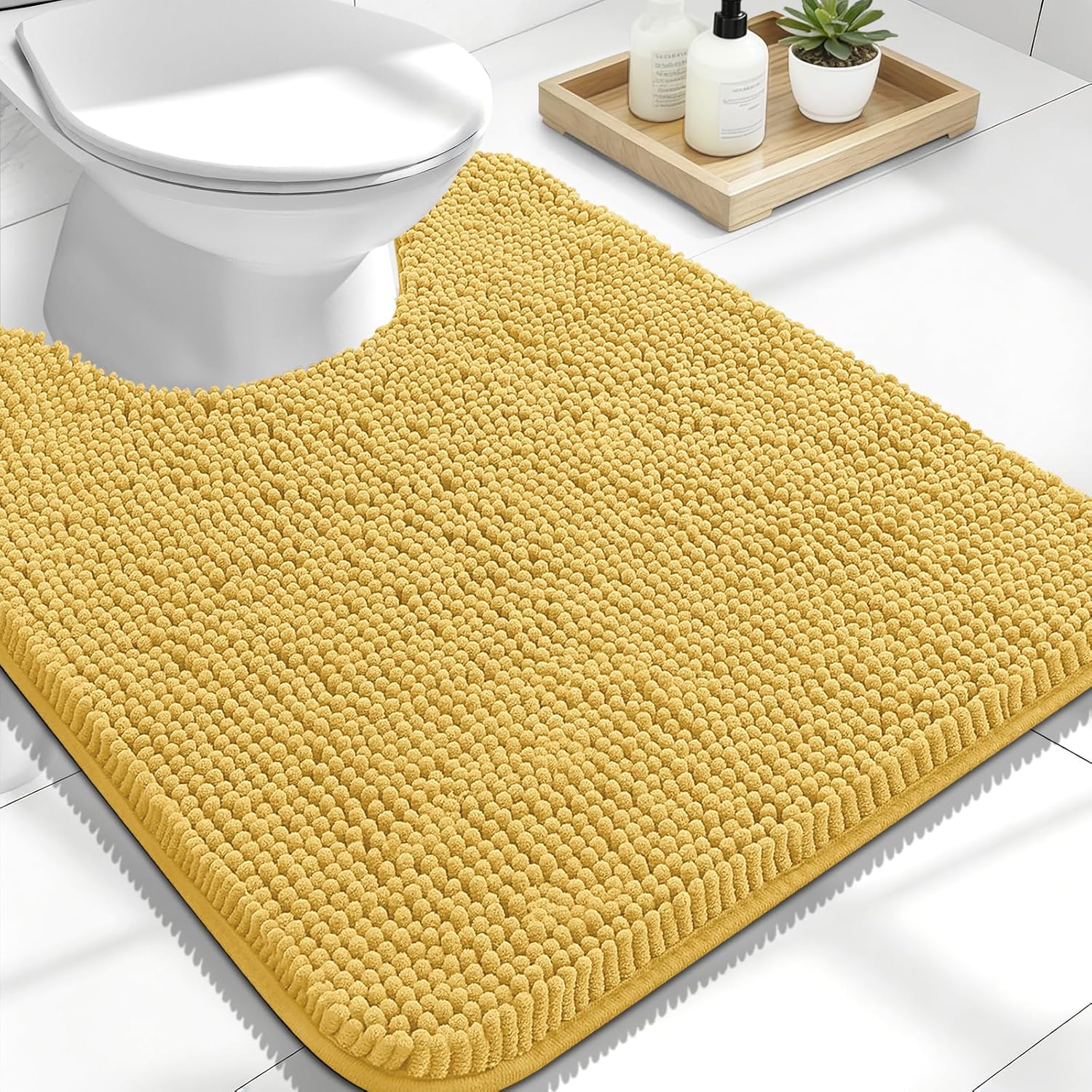 OLANLY U-Shaped Toilet Rug - Extra Soft Chenille, Quick-Dry, Non-Slip Bath Mat | 24x20 Inches, Yellow