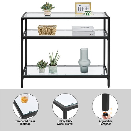 Yaheetech 39.5" Console Table with 3 Storage Shelves,Tempered Glass Sofa Table, Modern Entryway Tables with Metal Frame for Hallway Living Room Bedroom, Easy Assembly, Black