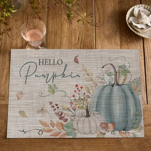 Artoid Mode Blue Hello Pumpkin Leaves Fall Vinyl Placemats Set of 4, Washable Woven Non-Slip Plastic Table Mats for Thanksgiving Holiday Party Kitchen Dining Decor