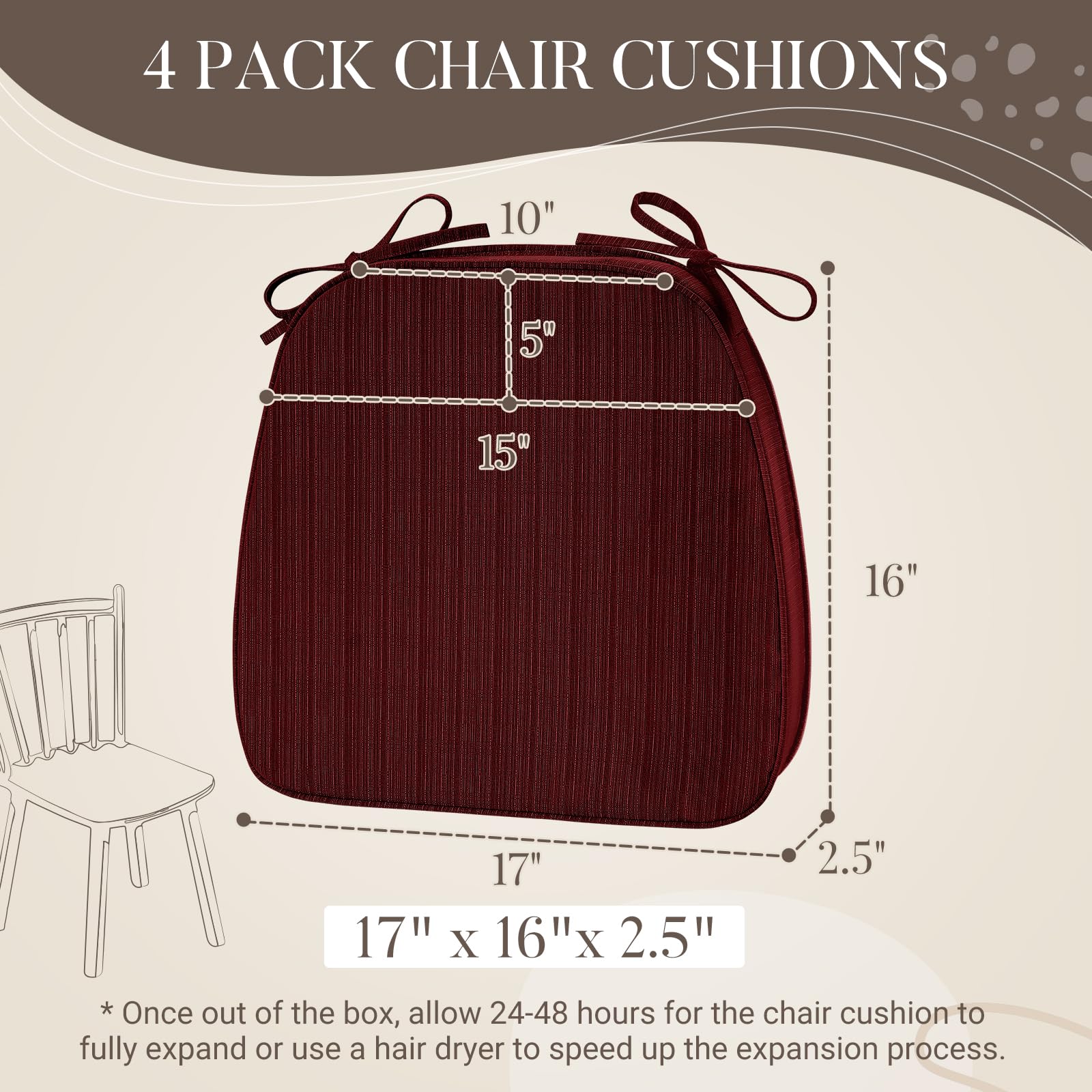 Basic Beyond Chair Cushions for Dining Chairs 4 Pack, D-Shaped Kitchen Chair Cushions with Ties Set of 4, 2.5" Thick Seat Cushions for Dining Room/Kitchen Chairs, 17" x 16", Burgundy