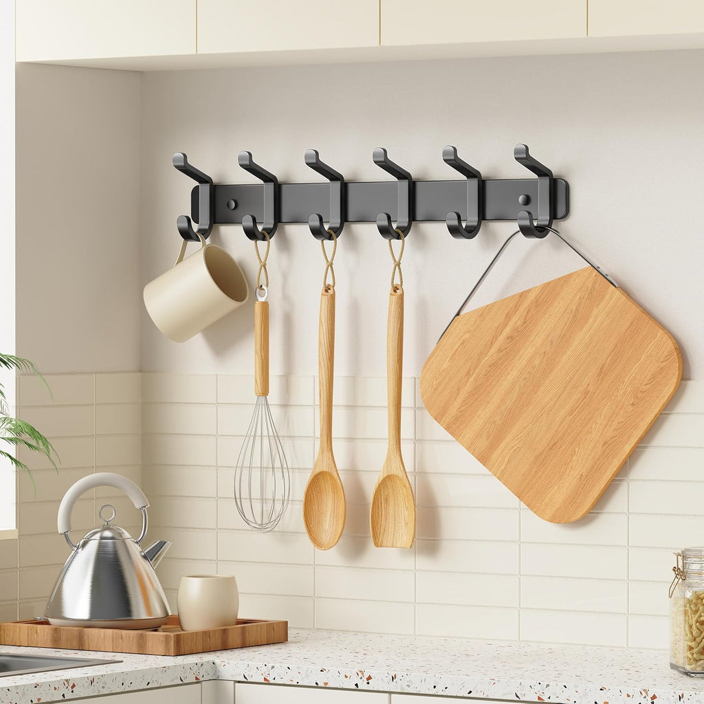Pickpiff Coat Rack - Heavy-Duty Wall Mounted Metal Hanger with 6 Hooks for Hats, Clothes, and More | Black, 1 Pack