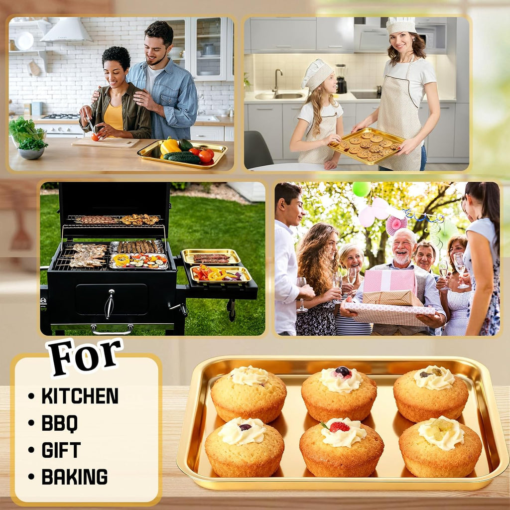 Skiennix Gold Baking Sheets - 6 Pcs Stainless Steel Cookie Trays | Rust-Free, Easy Clean, Dishwasher Safe