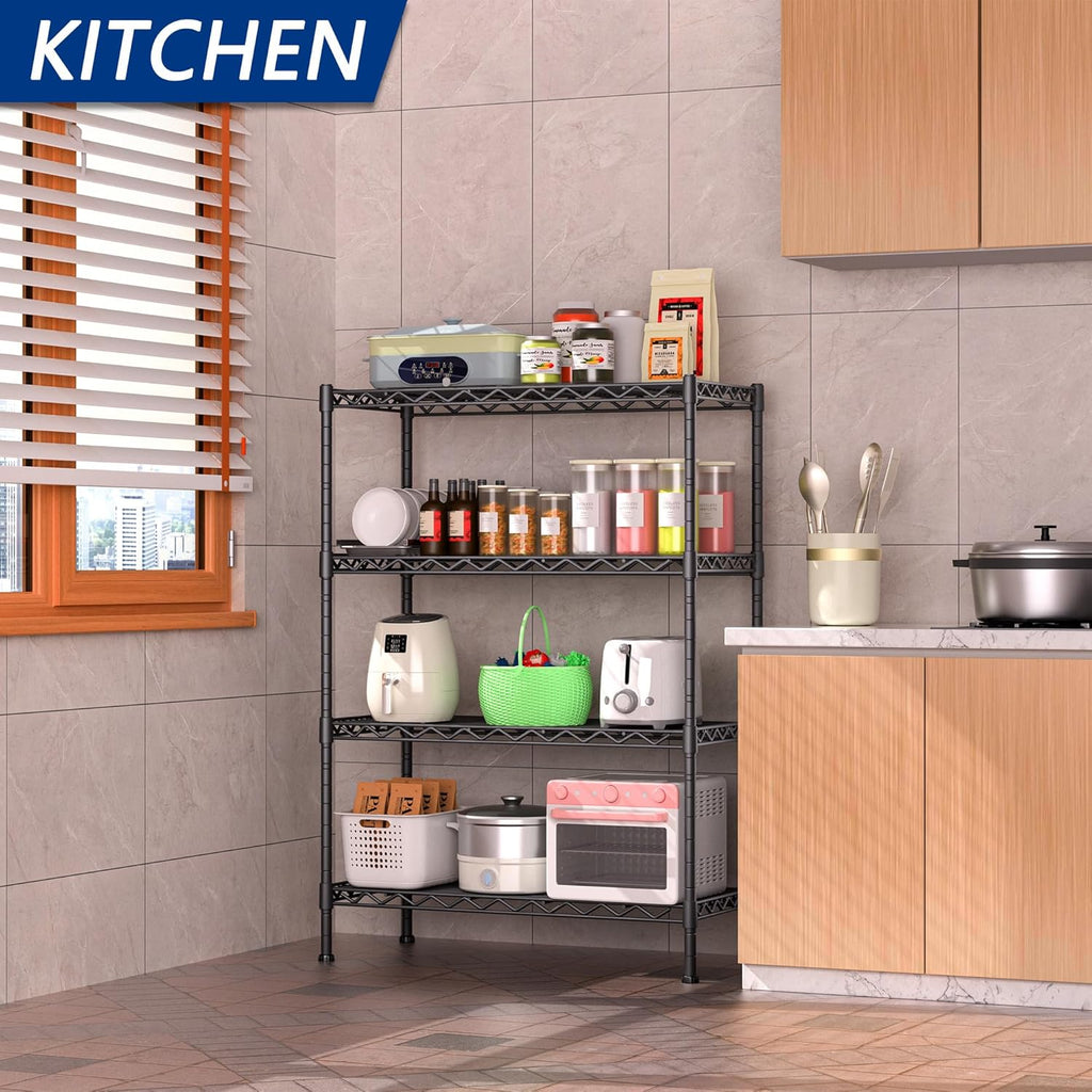 Regine Switzerland Heavy-Duty 4-Shelf Storage Shelving Unit - Adjustable Metal Organizer for Kitchen & Bathroom, Black