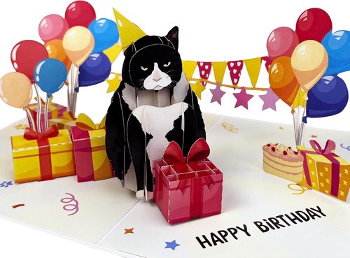 4BO Black Cat Pop-Up Birthday Card - Handmade 3D Greeting Card for Cat Lovers | Unique Fun Gift