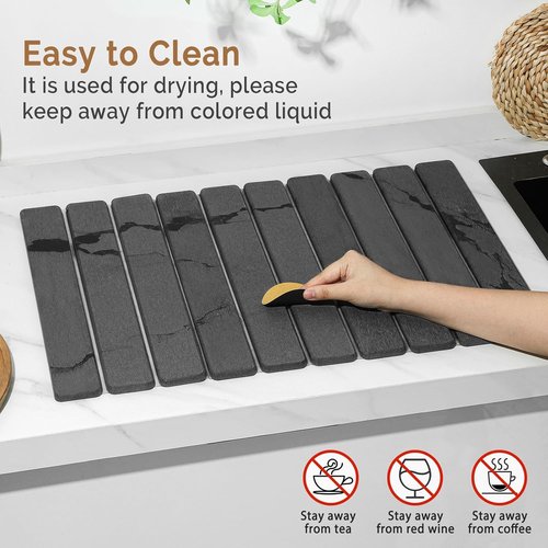 **Skiennix Large Stone Dish Drying Mat - Quick-Dry Diatomaceous Organizer Pad | Dark Gray 24"×16" & 8"x4"**