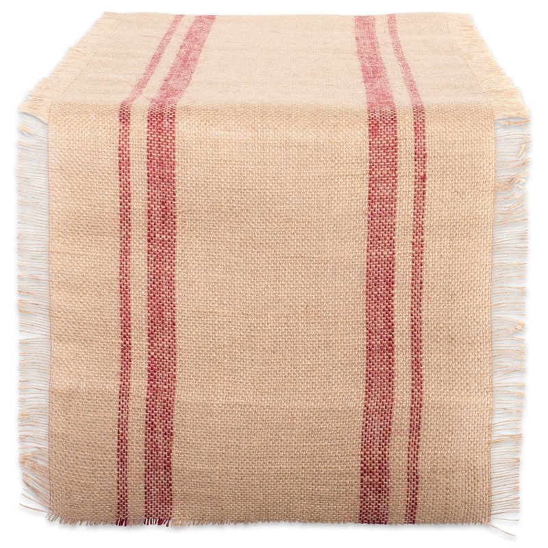 DII Jute Burlap Collection Kitchen Tabletop, Table Runner, 14x108, Double Border Barn Red