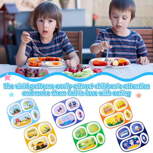 Hushee 6 Pcs 9.4 x 8.2 Inch Dinner Plate for Kids Girls Boys Cute Toddler Divided Plates Plastic Funny Serving Dishes for Construction Dinosaur Firefighter Farm Game Console Astronaut Animal