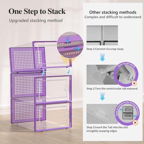 Kuject X-Large Shoe Storage Boxes - Clear Plastic Stackable 12 Pack | Sneaker & Toy Organizer Bins, Purple