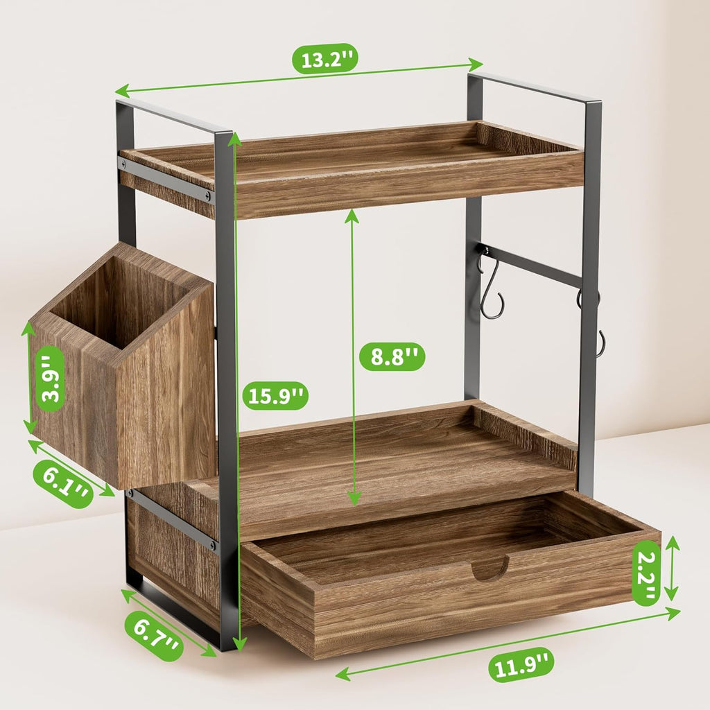 Skiennix 2-Tier Bathroom Counter Organizer - Wood Vanity Storage with Drawer & Basket | Dark Brown