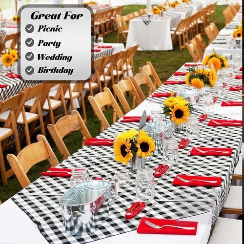 Vrisssot Plastic Table Cover Roll:Disposable Tablecloth 54 in X 120 ft with Easy Slide Cutter Black and White Checkered Tablecloth for Picnic, Party, Birthdays Fit Any Shape & Size Tables