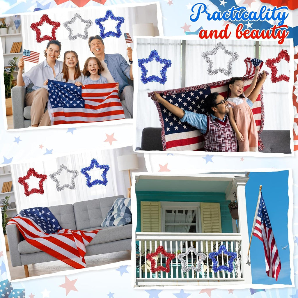 Patriotic Tinsel Wreath by 3 Pcs | 4th of July Red, White, and Blue Garland for Home Decor