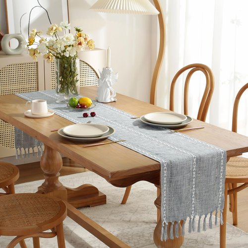 JIALE Table Runner, Rustic Farmhouse Table Runners with Tassels, Boho Cotton Linen Table Runner for Table Decorations, Holiday Party and Wedding, 90 Inches,Blue