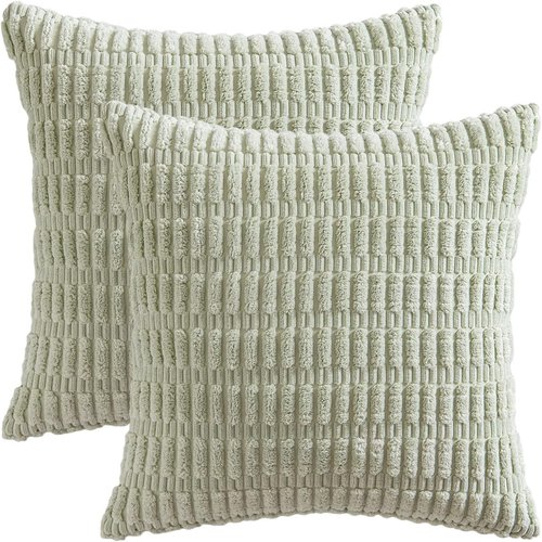MIULEE Decorative Throw Pillow Covers - Soft Boho Striped Corduroy | Pack of 2, 16x16 Inch, Light Green