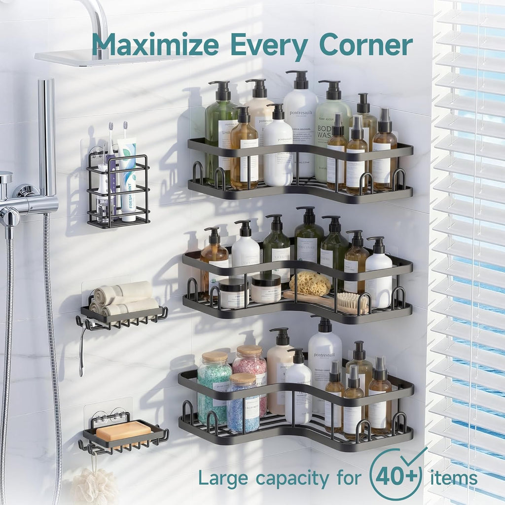Veken Corner Shower Caddy - Advanced Rustproof Design | No Drilling Adhesive Shelves, Large Capacity, Black