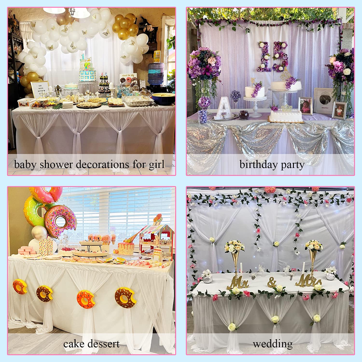 Suppromo White Tulle Table Skirts for Rectangle Tables 6ft for Wedding Birthday Party Bridal Shower White Tutu Ruffle Table Cloth for Cake Dessert Buffet Banquet Dinner Table Decorations