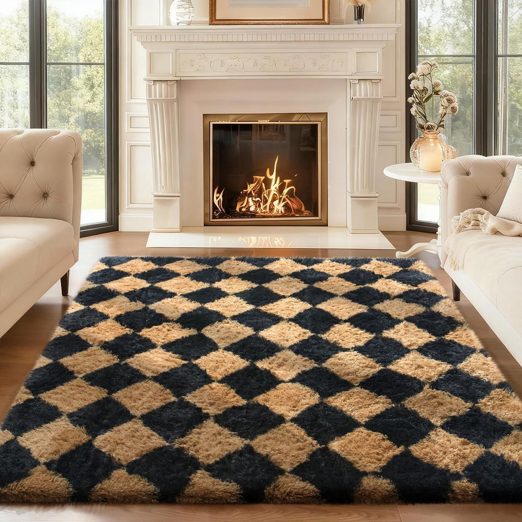 Ophanie Checkered Black & Beige Area Rug - Soft Fluffy Shaggy 4x6 Carpet for Living Room & Bedroom Decor