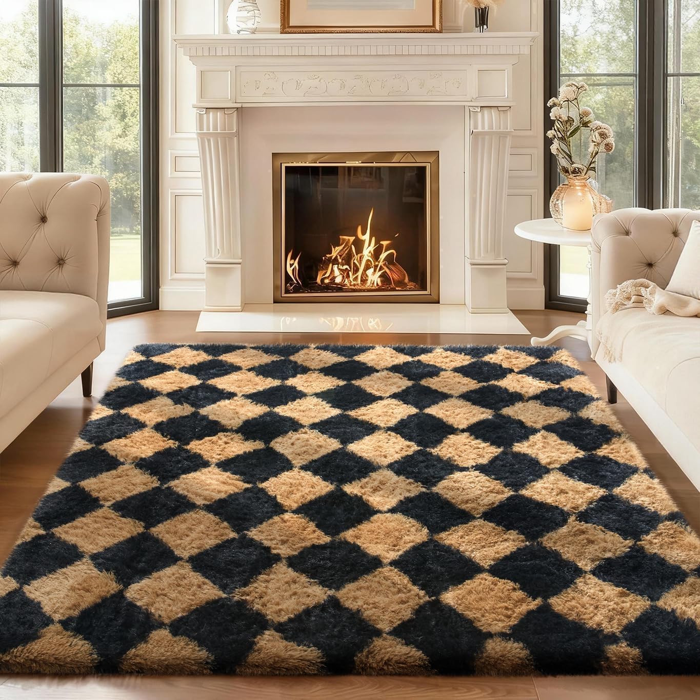 Ophanie Checkered Black & Beige Area Rug - Soft Fluffy Shaggy 4x6 Carpet for Living Room & Bedroom Decor