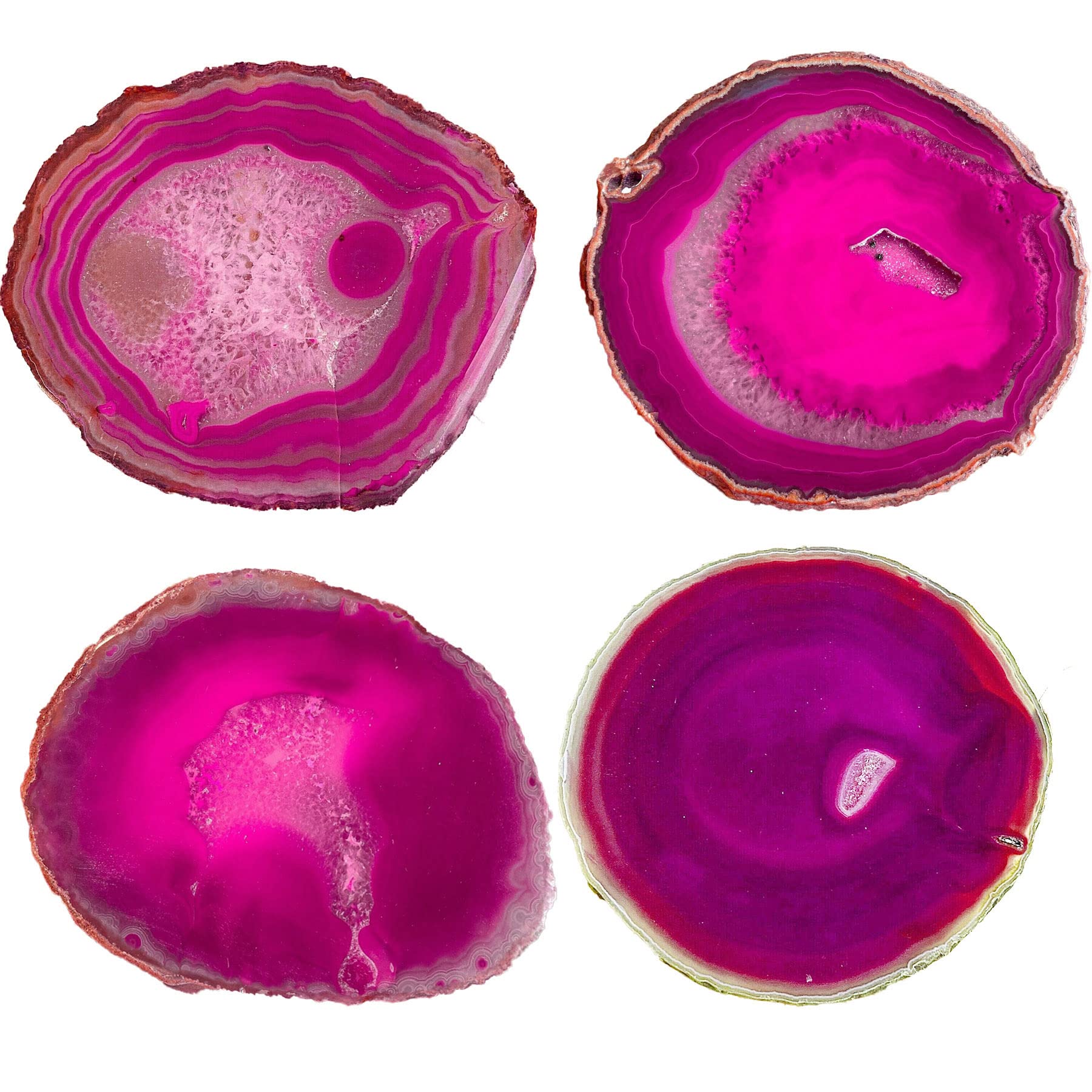 AMOYSTONE Pink Agate Slice Coasters Large 4-5 INCH, Set of 4 Natural Stone Cup Mat with Rubber Bumpers, Home Decor