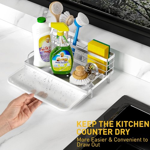 Cisily Kitchen Sink Caddy Organizer - Rustproof Non-Slip Soap Dish & Sponge Holder | Silver Finish