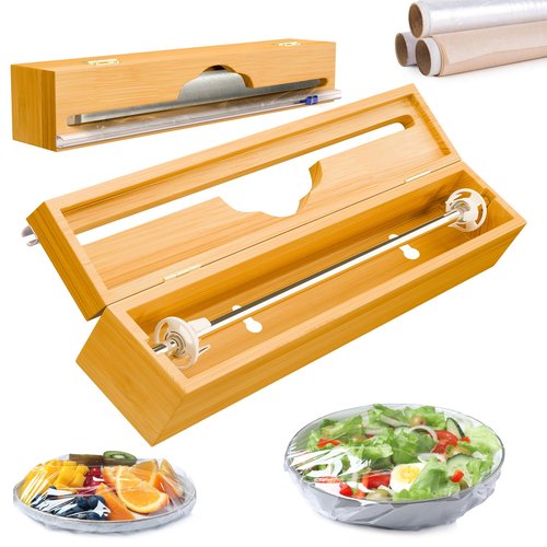15'' Bamboo Plastic Wrap Dispenser with Cutter- Aluminum Foil Dispenser for Plastic Wrap, Parchment Paper Roll - Kitchen Wrap Dispenser with Cutter for Kitchen – Fits Up to 15'' Rolls