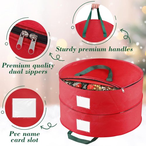 BlessedSeason Wreath Storage Container - Protects 2 Holiday Wreaths with Dual Zipper & Handles | 24” Red